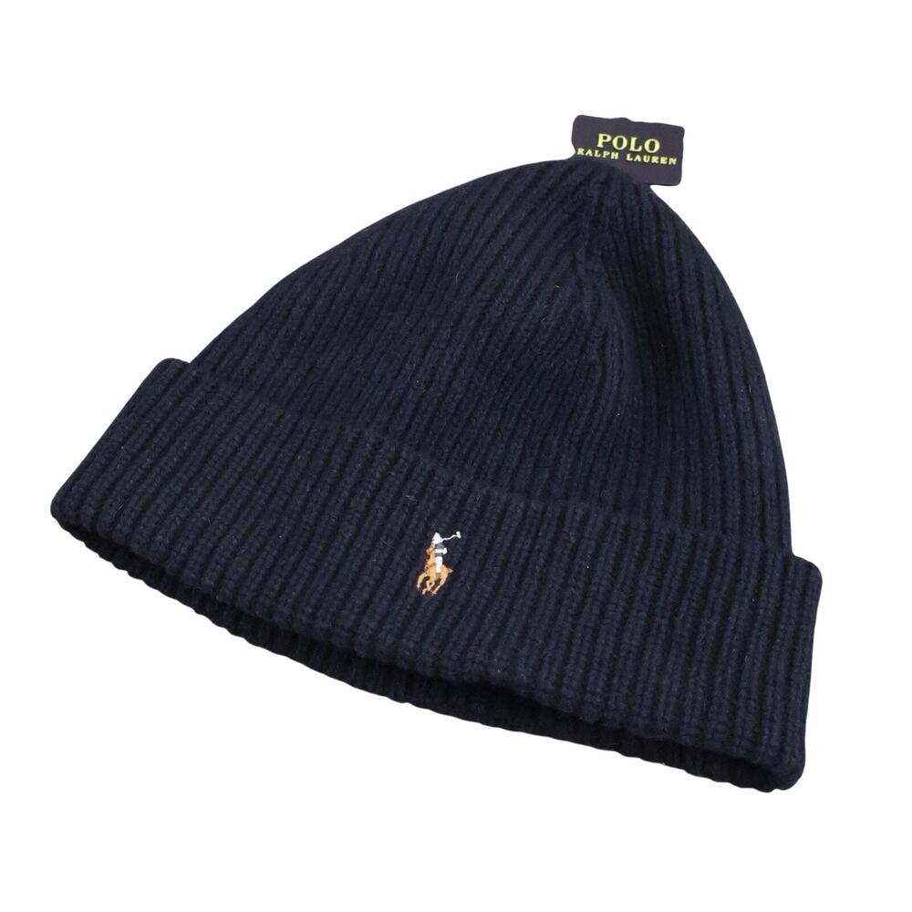 NWT Polo Ralph Laurern Navy Wool Blend Winter Ski Cuffed Beanie OS